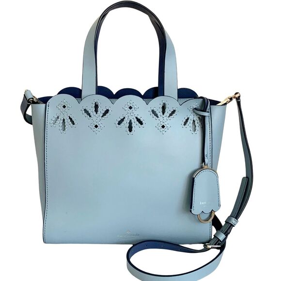 Kate Spade Dusty Blue Scallop Laser Cut Leather Tote Crossbody Bag Purse - Picture 1 of 13